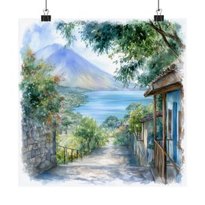 Lake Atitlan Art, Rustic Guatemala Print, Lakeside Volcano Watercolor Painting, Latin America Travel Poster, Guate Travel Gift, Wall Decor