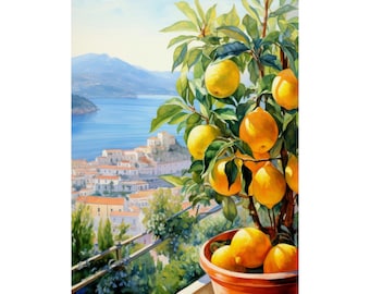 Amalfi Coast Lemons Art Print, Lemon Tree, Lemon Baskets European Art Sorrento, Positano, Capri, Italy, Mediterranean Sea View, Travel Photo