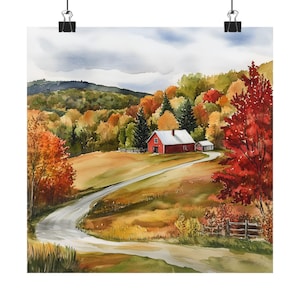 Pintura de Vermont, impresión de acuarela de paisaje otoñal, decoración de pared con paisaje otoñal, póster de viaje a EE. UU., regalo de viaje
