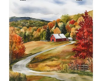 Vermont Painting, Fall Landscape Watercolor Print, Autumn Countryside Wall Decor, USA Travel Poster, Travel Gift