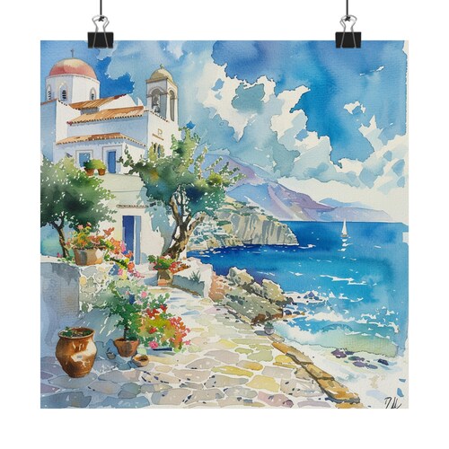 Greece Painting, Coastal Greek Art Print, Quaint Seascape, Europe Travel Art, Greek Wall Decor, European Travel Poster Gift