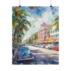 Peinture Ocean Drive, impression d&#39;art de South Beach, impression aquarelle de Miami, affiche de voyage en Floride, paysage de rue de South Beach, paysage urbain de Miami vintage