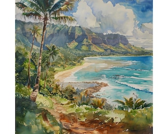 Kauai Painting, Hawaiian Island Art Print, Mountains and Ocean Watercolor Artwork, Palm Trees Wall Art, Seascape, Travel Poster, Travel Gift