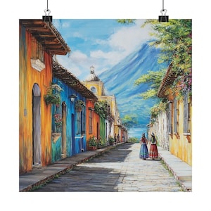 Lake Atitlan Guatemala Wall Art, Volcano Watercolor Painting, Guatemalan Print, Colorful Streetscape, Colonial Latin America Travel Poster