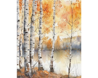May include: Watercolor painting of a birch forest in autumn. The trees are white with black markings and the leaves are a mix of yellow, orange, and red. The forest is reflected in a still lake in the foreground.