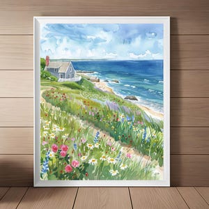 ケープコッドのアート、マサチューセッツ州の海辺の水彩画、ビーチのプリント、ビーチハウスの壁飾り、海辺の野花のアート、旅行のダウンロード