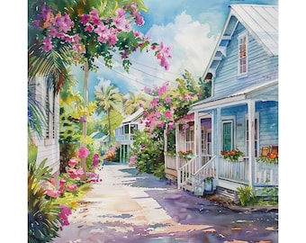 Key West Streetscape Print Florida Keys Painting, Watercolor Key West Art, Island Beach Art, South Florida Poster, Travel Art