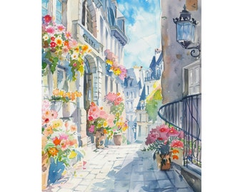 May include: A watercolor painting of a narrow street in a European city. The street is lined with buildings and flowers in pots. The buildings are painted in shades of white and gray, and the flowers are in shades of pink, red, and yellow.