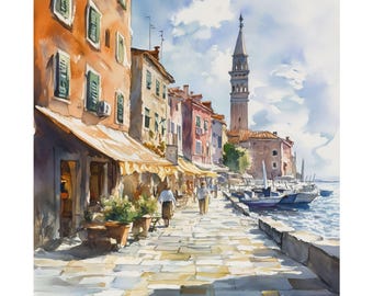 Rovinj Chorwacja, akwarela, wydruk: Plakat podróżniczy po Adriatyku, prezent