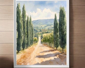 Aquarelprint van Toscane cipressen: landschapskunst Italië (digitale download)