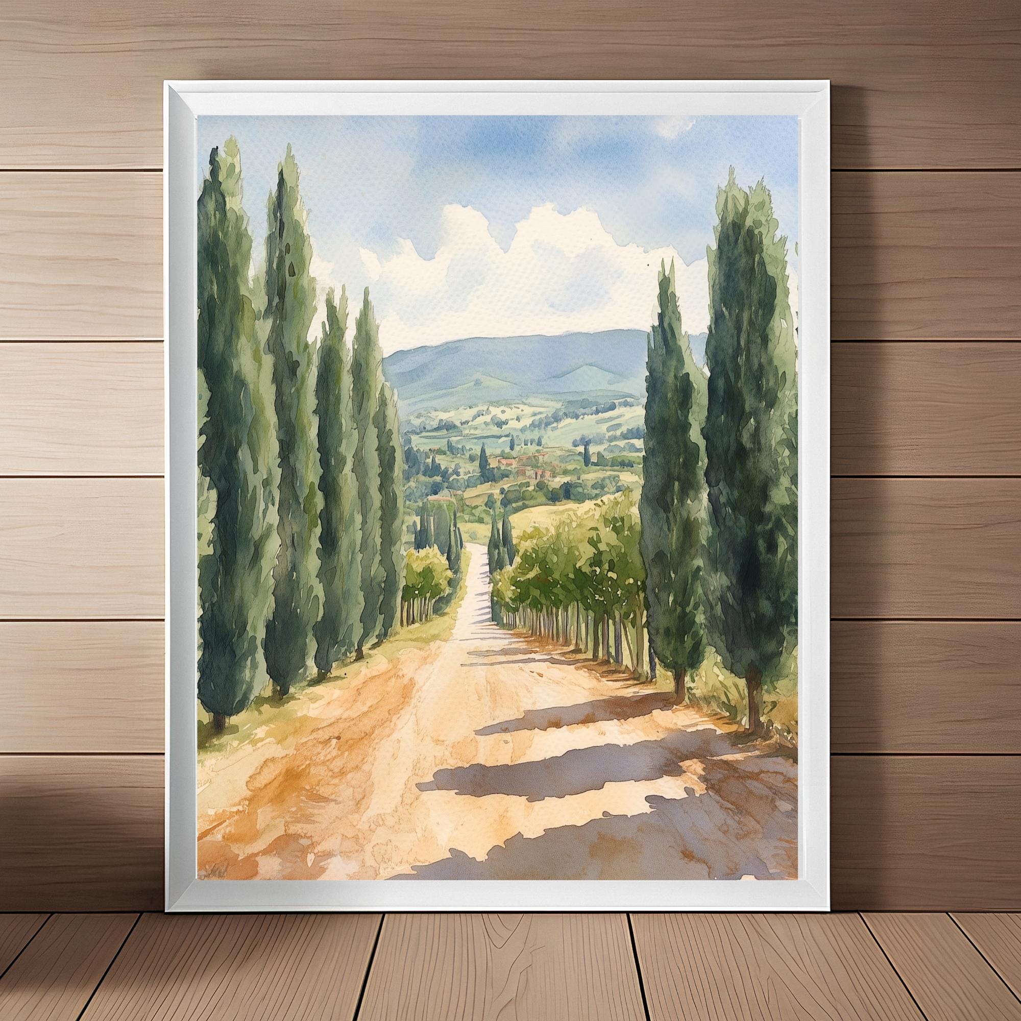 トスカーナの糸杉の水彩画プリント：イタリアの風景画（デジタル