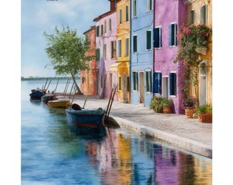 Burano Italy Watercolor Print: Colorful Venice Row Houses Art