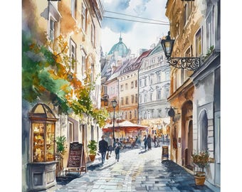 Vienna Austria Watercolor Art Print: European Streetscape Painting, Eastern Europe Cityscape Travel Poster Gift