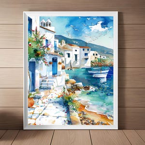 Greece Painting Seascape Watercolor Print, Greek Island Wall Art, Aegean Sea Artwork, Greece Travel Art, Europe Travel Gift Digital Download