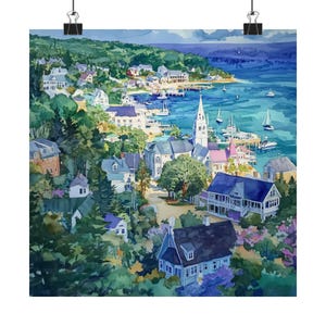 Arte da Ilha Mackinac, pôster de Michigan, arte de parede dos EUA, pôster de viagem de Michigan, impressão de paisagem urbana em aquarela, lembrança de arte da natureza do lago, presente de viagem