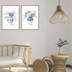 Chinoiserie Vase Set of 2 Art Prints, Blue White China Flowers Peony ...