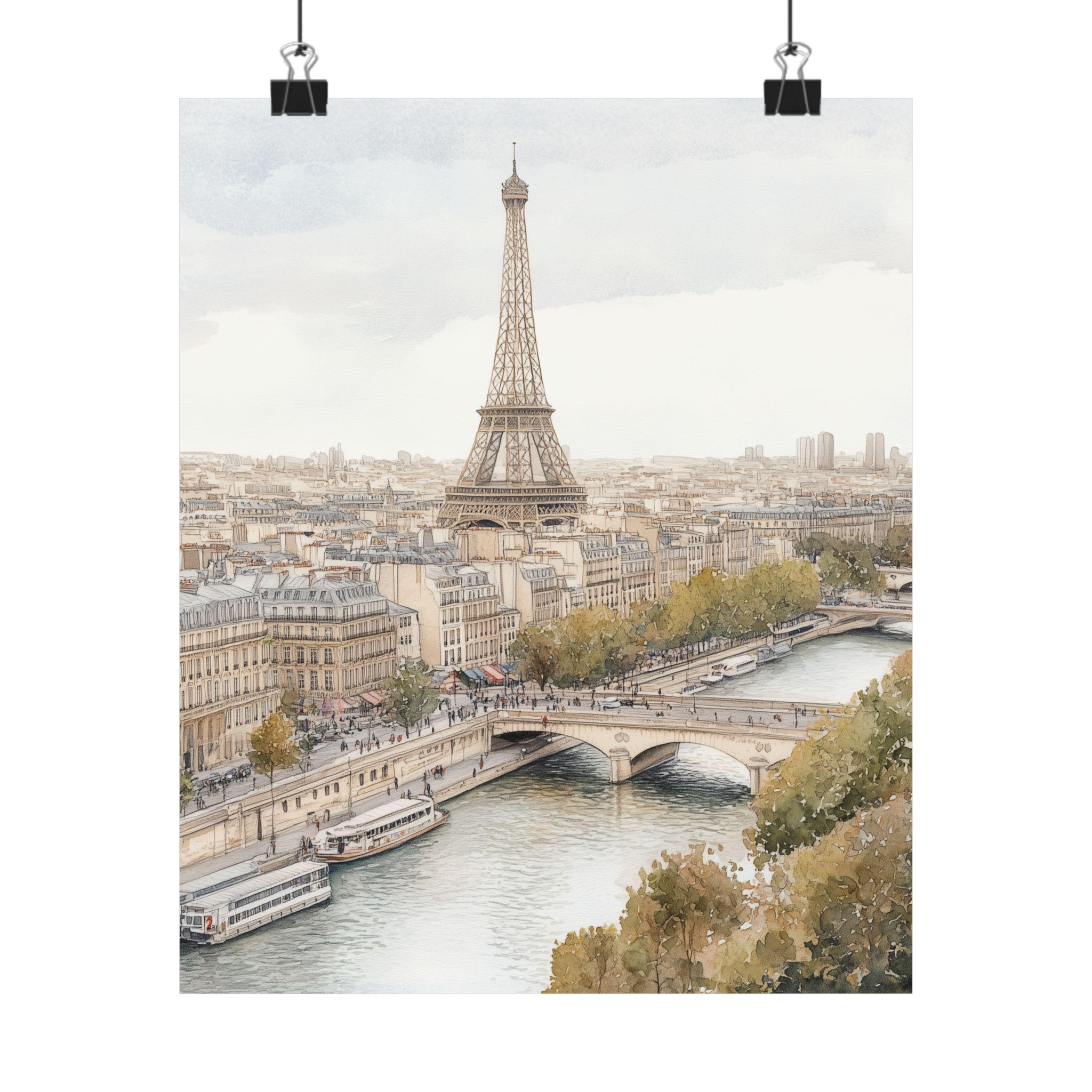 パリの水彩画プリント：エッフェル塔、セーヌ川、フランス旅行アート