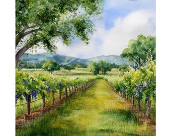 Pintura en acuarela del Valle de Napa: Lámina artística de la región vinícola de California, póster de viaje de regalo