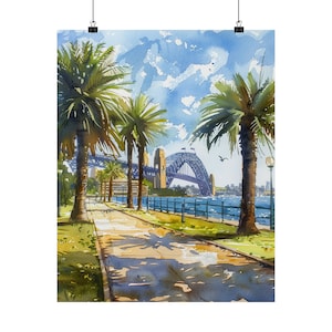 Sydney Painting Australia Watercolor Art Print, Sydney Bay Bridge and Palm Trees Art, Travel Poster, Cityscape Print, Sydney Harbour Bridge