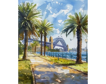 オーストラリア　シドニー風景　絵画　水彩画　原画 シドニー・ハーバー・ブリッジの水彩画：オーストラリアの都市景観
