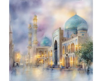 Impresión artística en acuarela de Bagdad, Irak: Póster de viaje con paisaje urbano de una mezquita islámica