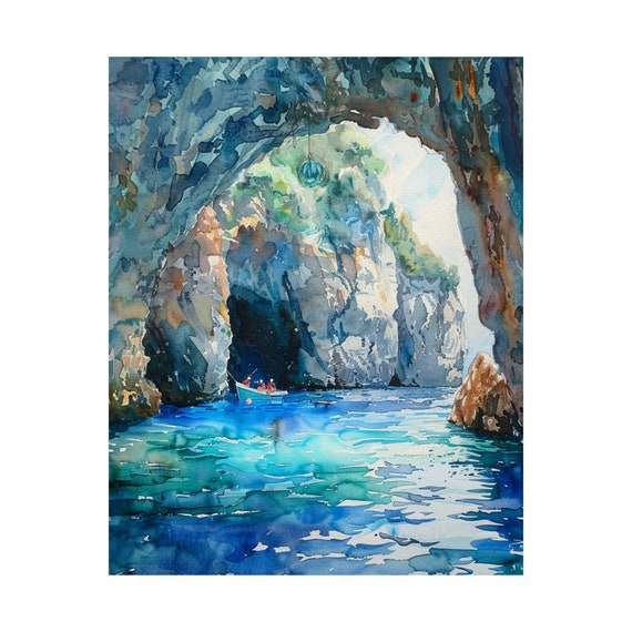 青の洞窟の絵画、カプリ島の水彩画プリント、オリジナル海景画