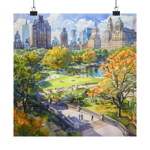 New York Painting Central Park Watercolor Print, Fall Cityscape Wall Art, Skyline NYC Travel Poster, US City Artwork, Travel Gift
