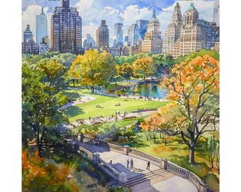 May include: A watercolor painting of Central Park in New York City. The painting shows a view of the park from a high vantage point, with a pond in the center and a cityscape in the background. The trees are a mix of green and yellow, and there are people walking on the paths.