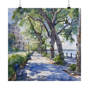 The Battery Charleston Art Print, South Carolina Coastal Watercolor Painting, Southern Mossy Oak Trees Landscape Wall Art Print Travel Print