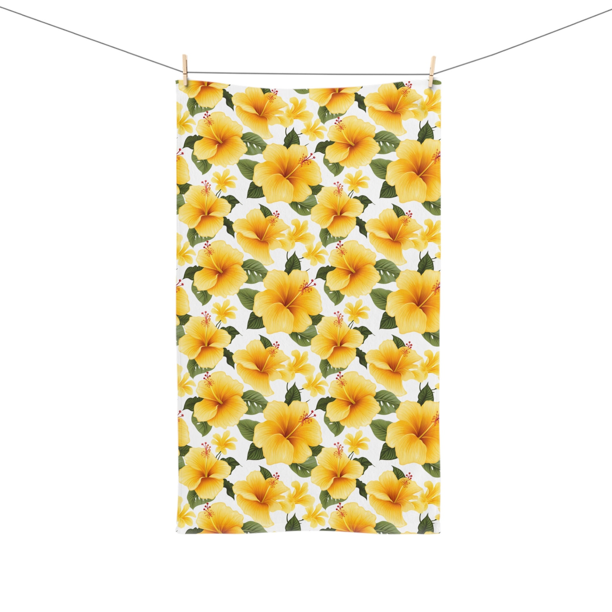 Yellow Hibiscus Hand Towel, Hawaiian Print Towel, Beachy Bathroom Decor, Beach House Decor, Hawaii Flower Guest Bathroom Towel, Summer Decor