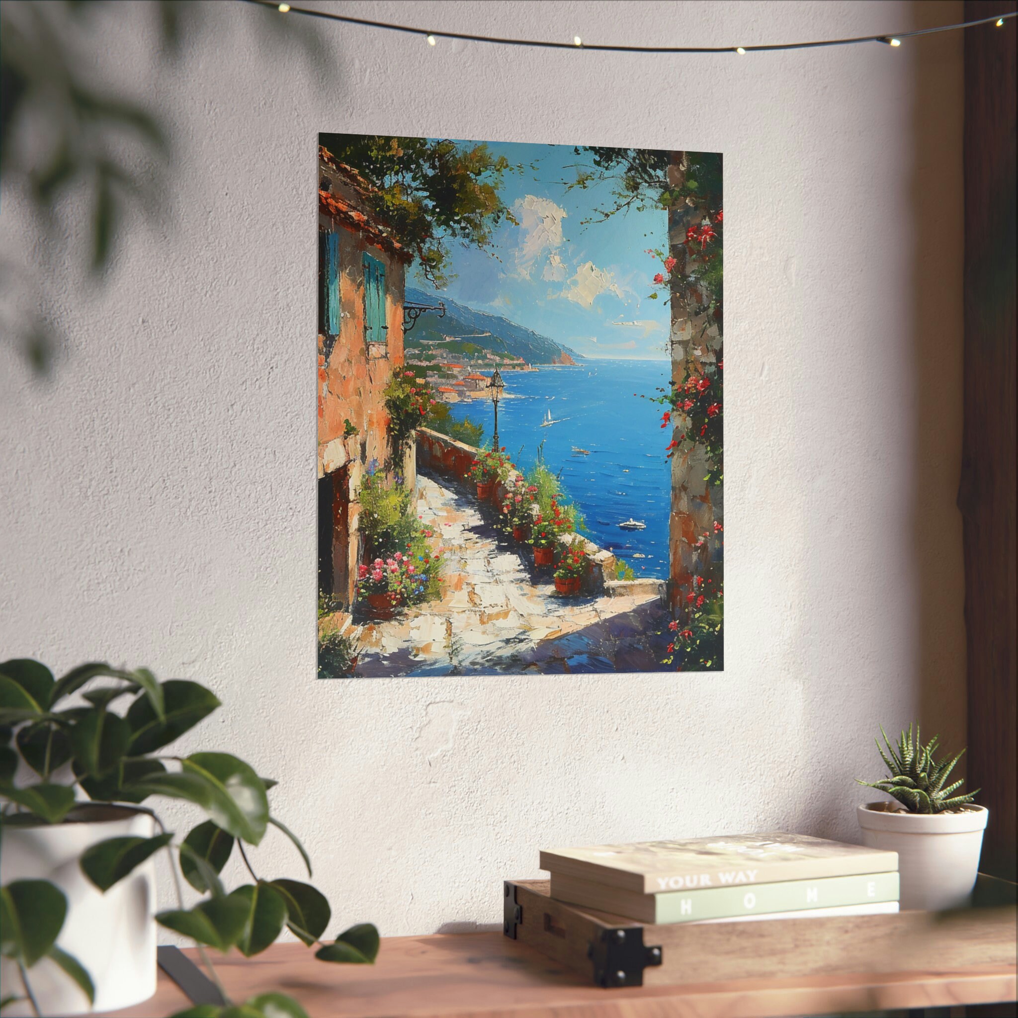 カプリ島イタリアの絵画、イタリアの海岸風景の壁画、素朴な地中海の
