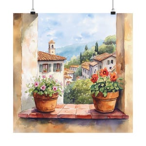 Florence Wall Art, Tuscany Window Print, Italy Artwork, Quaint Italian Village Watercolor Painting, Italian Travel Poster Europe Travel Gift