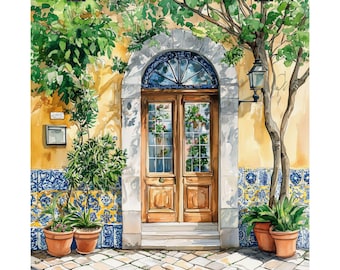 Lisbon Print, Portugal Travel Gift, European Door Watercolor Painting, Portuguese Wall Decor, Europe Door Art, Streetscape Travel Poster