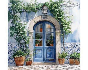 Lisbona, Portogallo, Porta Blu, Stampa ad acquerello, Regalo di viaggio, Quadro vintage con porta blu, Decorazione portoghese, Pittura per porta europea