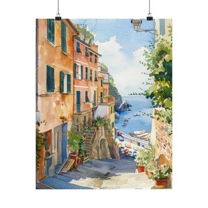 Mediterranean Painting Cinque Terre Art Print Quaint Italian Streetscape Art Amalfi Coast Watercolor Italy Artwork Travel Wall Art