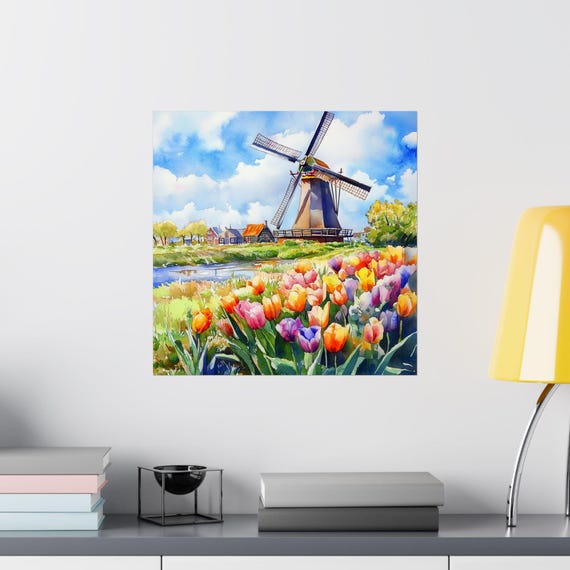 オランダの絵画、オランダの水彩画プリント、チューリップ畑の風車