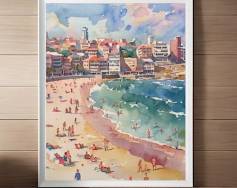 May include: Watercolor painting of a beach scene with a city skyline in the background. The beach is filled with people enjoying the sun and surf. The water is a vibrant blue and green, and the sky is a soft blue with white clouds.