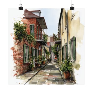 Arte do Beco dos Piratas, Impressão do Bairro Francês, Pintura em Aquarela de Nova Orleans, Paisagem Urbana, Pôster de Viagem ao Sul dos EUA, Presente de Viagem