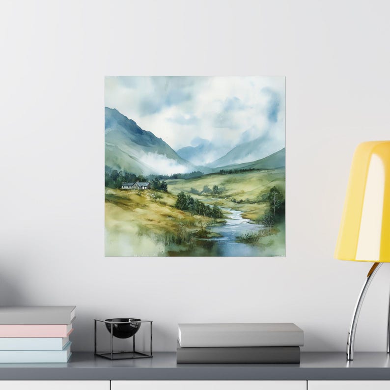 Schottland Wandbild, Scottish Highlands, Aquarell Landschaft, Misty Mountains, UK Reise Geschenk, Europa Kunst Bild 10