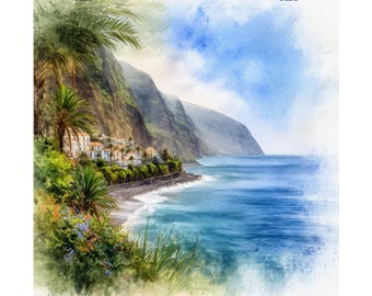 Lámina artística en acuarela de las islas Madeira: Paisaje marino de Portugal