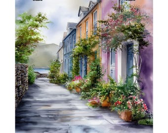 May include: Watercolor painting of a quaint European street with colorful buildings. The buildings are painted in shades of blue, orange, and purple, with lush greenery and flower pots lining the sidewalk. A stone wall and a glimpse of the sea are visible.