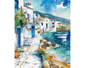 ギリシャの旅（水彩画） ギリシャの海景水彩画、ギリシャの島々の壁画、エーゲ海のアートワーク