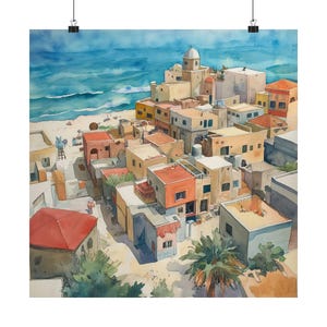 Gaza Wall Art, Palestine Artwork, Gaza Cityscape Watercolor Painting, Mediterranean Seascape Print, Gaza City Gift, Travel Poster Gift