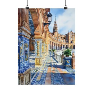 Art de Séville, aquarelle de la Plaza de Espana, art mural Espagne, paysage urbain de Séville, art espagnol, décoration espagnole, cadeau affiche de voyage en Europe image 6