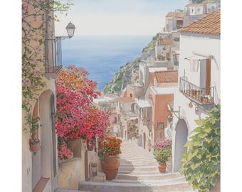 Positano Wall Art, Coastal Italy Watercolor Painting, Mediterranean Print, Seascape Artwork, Italian Travel Poster, European Travel Gift