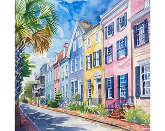 Charleston Rainbow Row Streetscape Art Print, South Carolina Watercolor Painting, Charleston Cityscape Artwork, Travel Wall Art