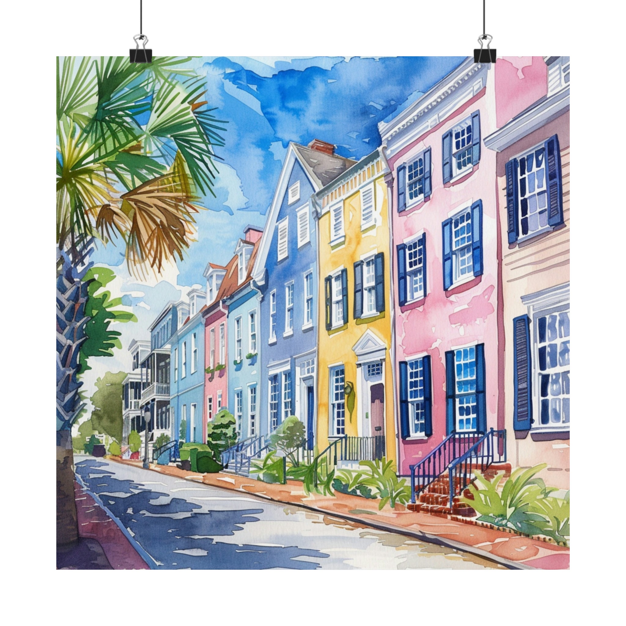 Tableau Toile Déco : Aquarelle 'Rainbow Row, Charleston' (Caroline Du Sud) - Encadré, Prêt à Accrocher - Neuf