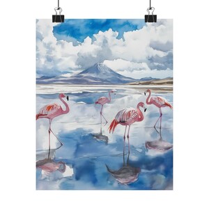Salar de Uyuni Art, Bolivia Watercolor Painting, Travel Gift, South America Poster, Pink Flamingos Art, Salt Flat, Latin American Travel Art