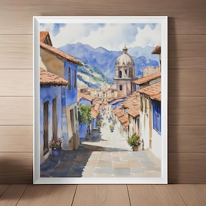 May include: Watercolour painting depicting a street scene in a European city. The street is lined with colourful buildings, and a church with a dome can be seen in the distance. The painting is executed in a realistic style, with attention to detail.