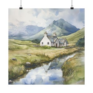 Scottish Highlands Watercolor Painting, Scotland Wall Art Print, Mountain Landscape, Nature Art, UK Travel Gift, Europe Travel Poster